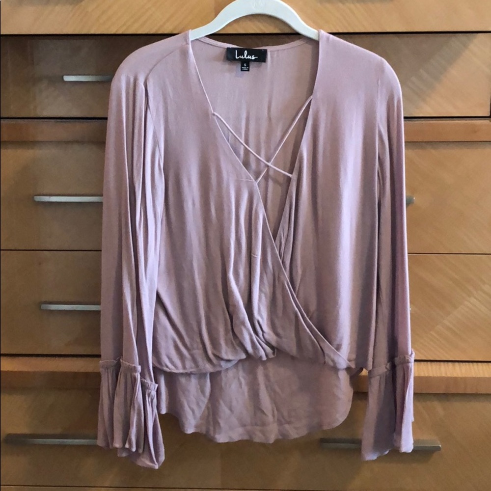 Mauve high low deep v neck long sleeve blouse
